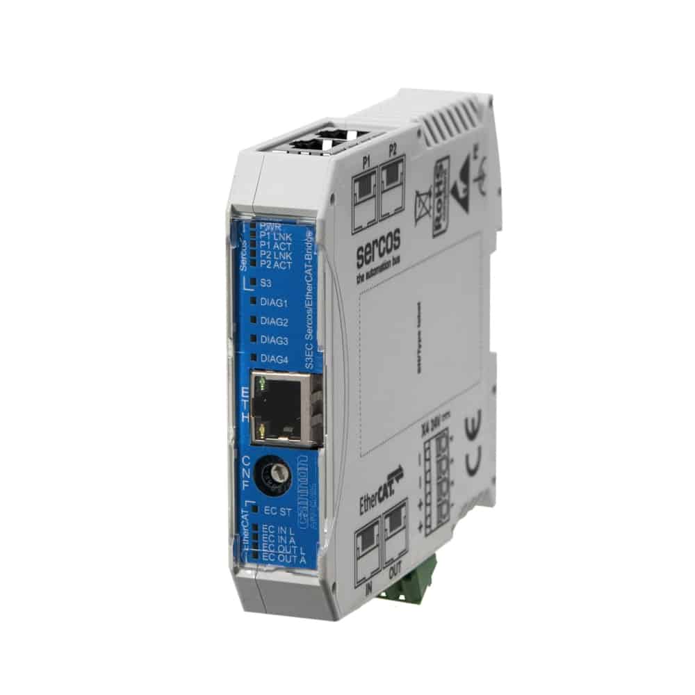 The Sercos-EtherCAT-Bridge connects Sercos and EtherCAT real-time Ethernet networks and enables the bidirectional data exchange between the two busses.