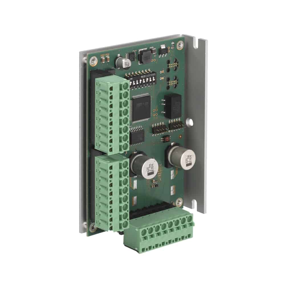 SMCC is the Stepper Motor Controller developed by Cannon Automata with the CANopen interface.
The stepper motor interface integrates a power stage for a 2-phase stepper motor with 6.3A nominal and 8A peak current per phase at max. 48 VDC supply.
The onboard I/Os, include 4 digital outputs and 4 digital inputs.