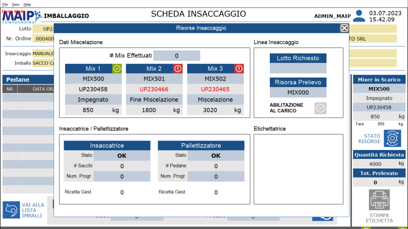 Imballaggio - Popup Stato Risorse Sacchi